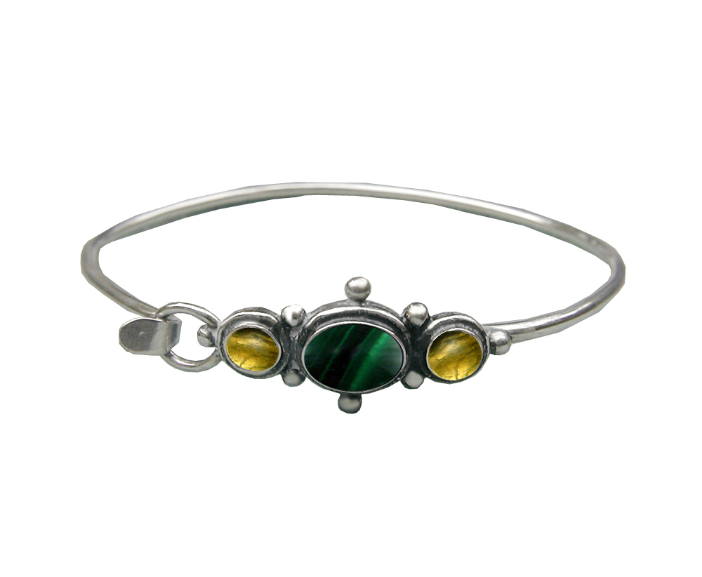 Sterling Silver Strap Latch Spring Hook Bangle Bracelet Malachite And Citrine